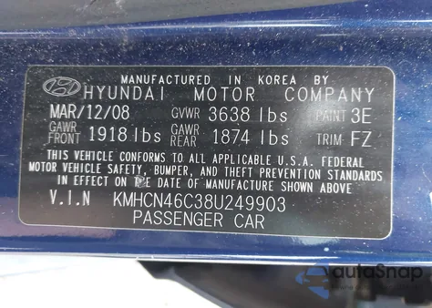 2008 Hyundai Accent Gls from USA, damaged, VIN KMHCN46C38U249903